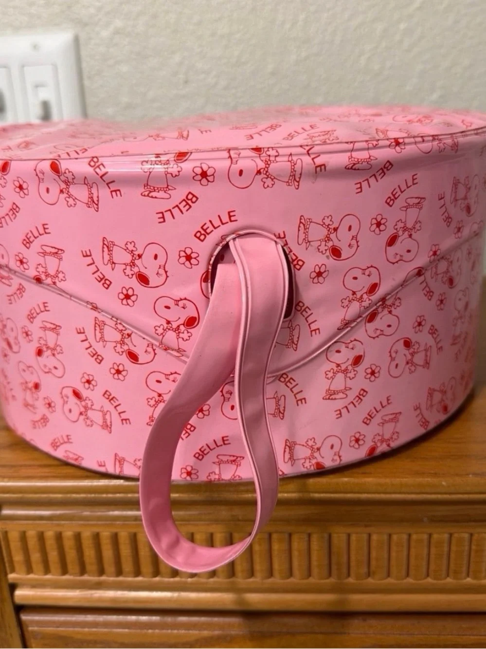 Vintage Peanuts Snoopy Belle Pink and Red Hat Box / Storage Container